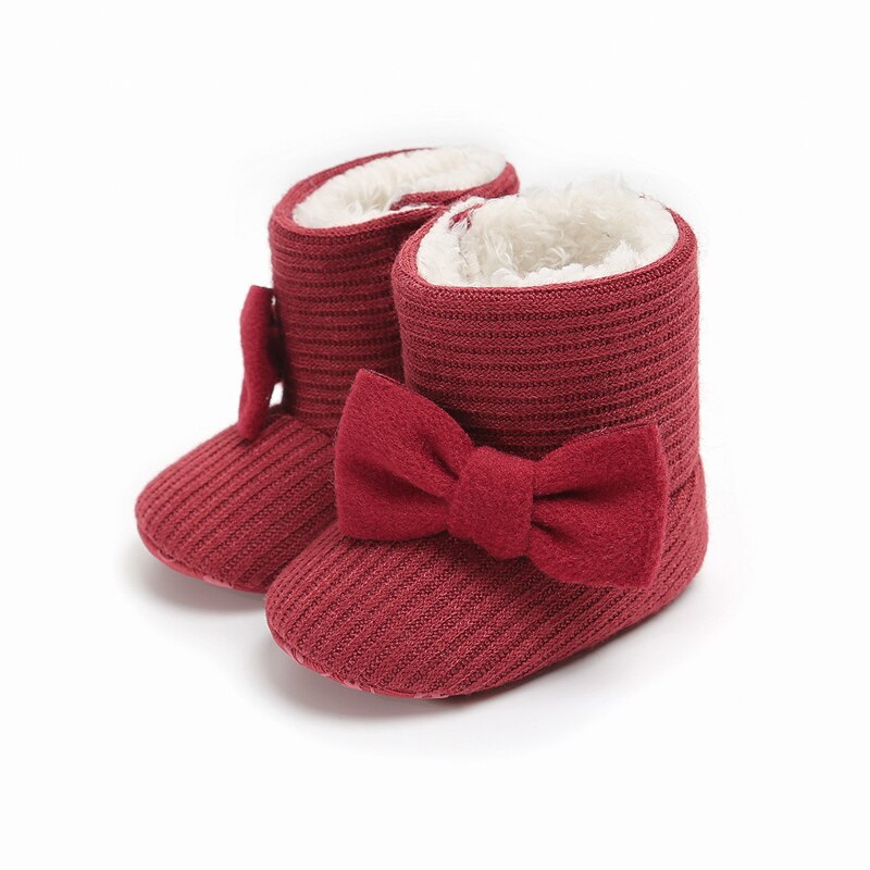 Balleenshiny Cute Autumn Winter Infant Shoes Baby Girl Boy Bow Knot Baby Boots Casual Sneakers Non-slip Soft Soled Walking Shoes: Wine Red / 12cm