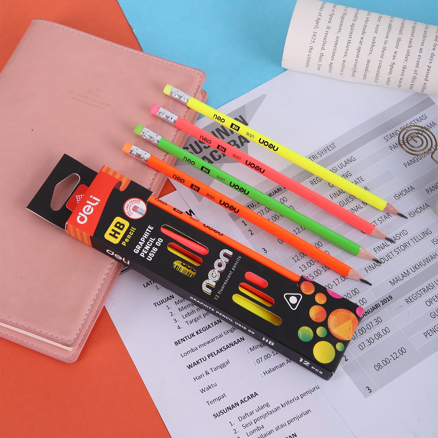 DELI lápiz de grafito de neón brillante Color 12 unids/pack HB/2B de para estudiantes papelería lápices de madera