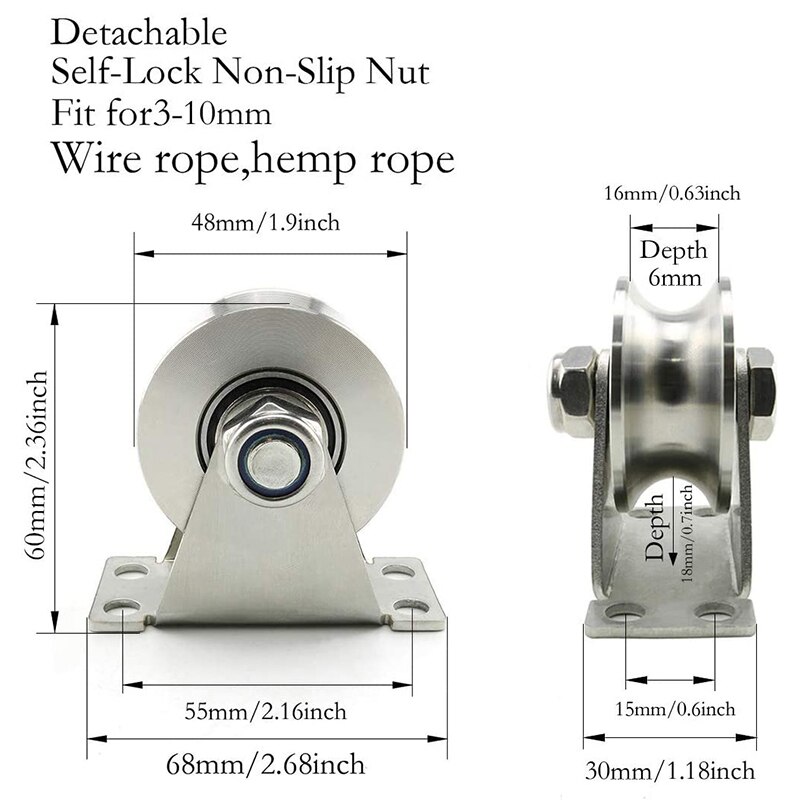 1Pack U-Type Stainless Steel Pulley Block Mute Bearings Groove Sliding Roller Track Wheel