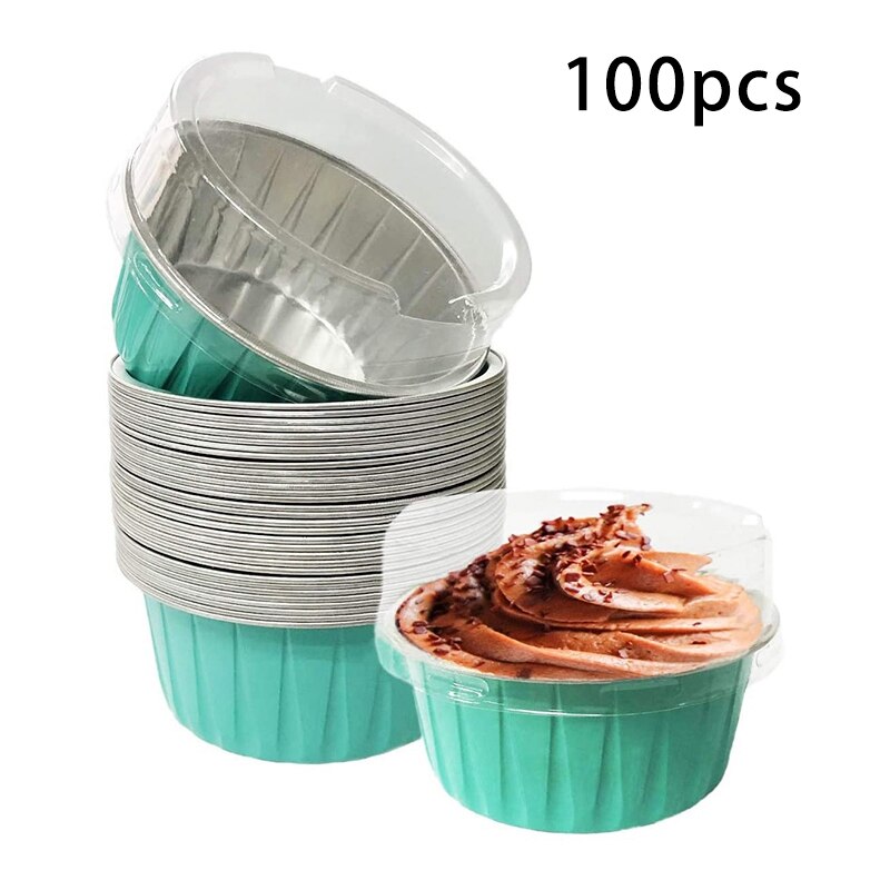 100 stk 5oz 125ml engangs kakebakekopper muffinsfôr kopper med lokk aluminiumsfolie cupcake bakekopper: Blå grønn