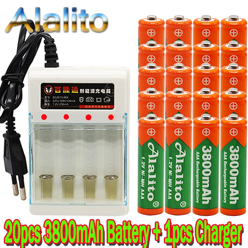 Figh 1.2v 3800 mah ni mh aaa förladdat ni-mh uppladdningsbart aa batteri för leksaker kamera mikrofon batterier + laddare: Grön