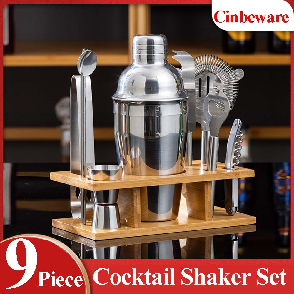 Stainless Steel Bar Cocktail Shaker Set Bartender Kit Barware Bar Sets Home Drink Party Accessories with Bamboo Stand 9 Piece
