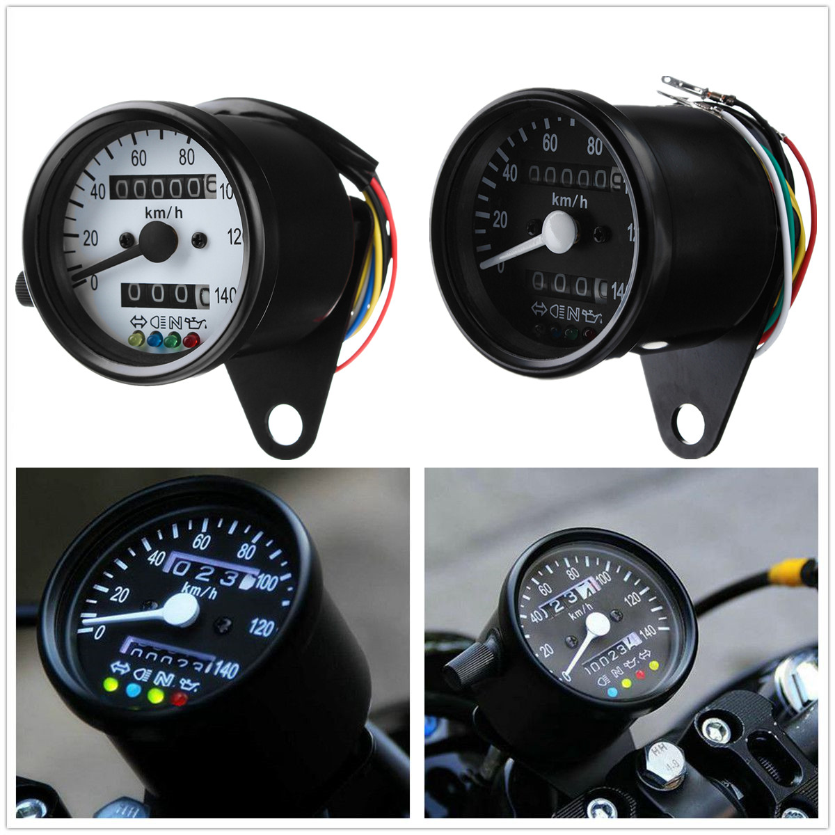 Universel motorcykel ført baggrundsbelysning dobbelt kilometertæller km / t speedometer gauge mini retro omdrejningstællerinstrumenter