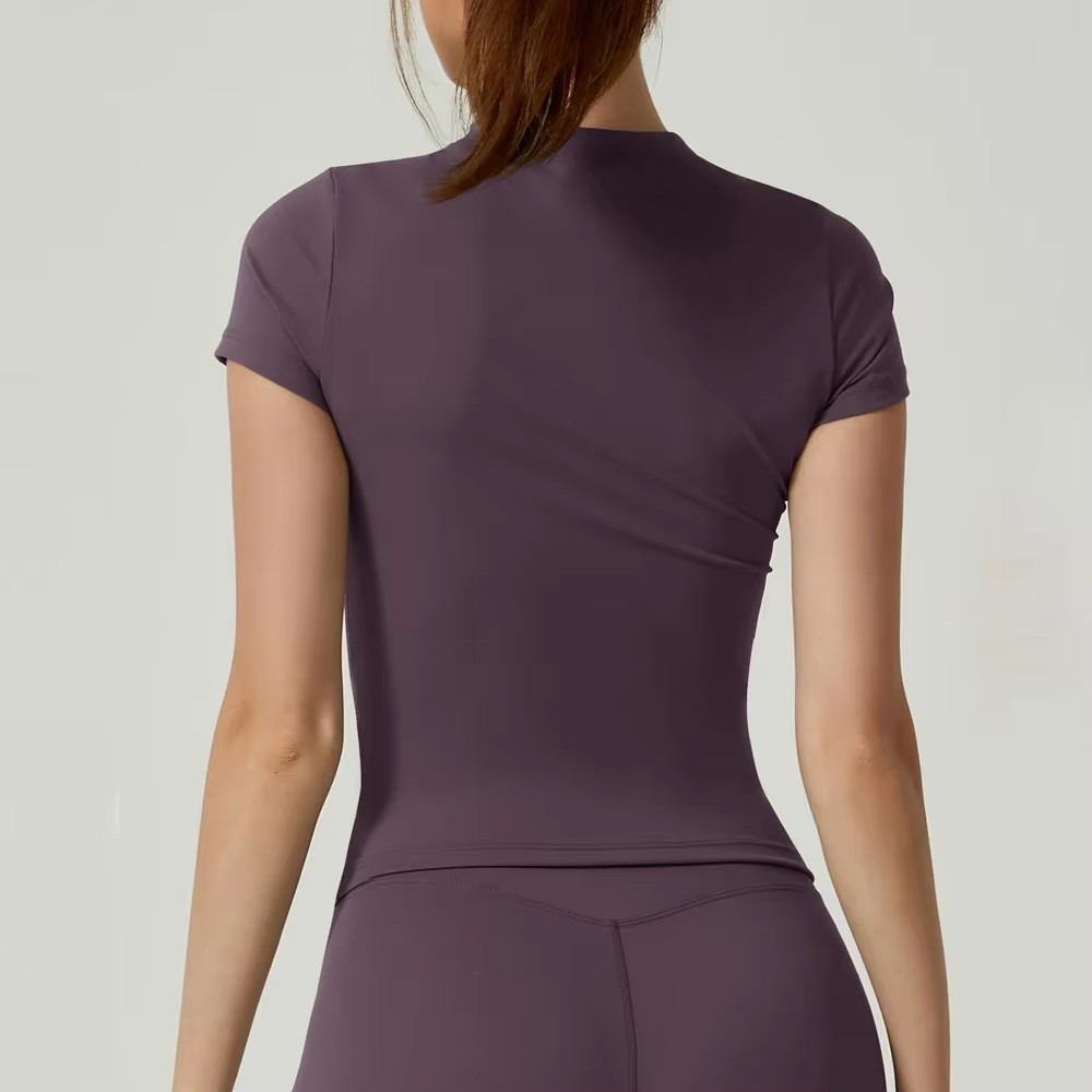 Dame løbesports-t-shirt sommer med korte ærmer, rund hals, åndbar, elastisk, gymnastiksal, yoga, slank, fitness, aktiv top, t-shirt