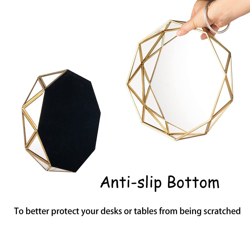 Plateau Miroir Doré Rond - Pour Vanité, Bijoux, Parfums, Maquillage - Diamètre 17,5 Cm - Déco Nordique Et Rétro - En Verre Et Fer