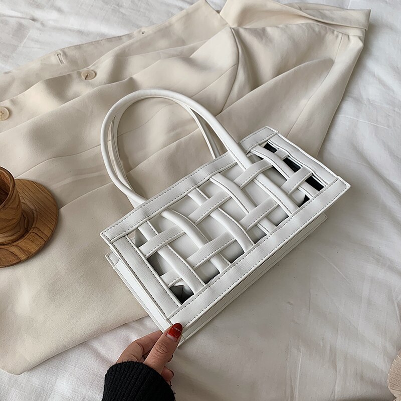 Dames vierkante tas hoge pu leren dames handtas holle schoudertassen okseltas: Wit