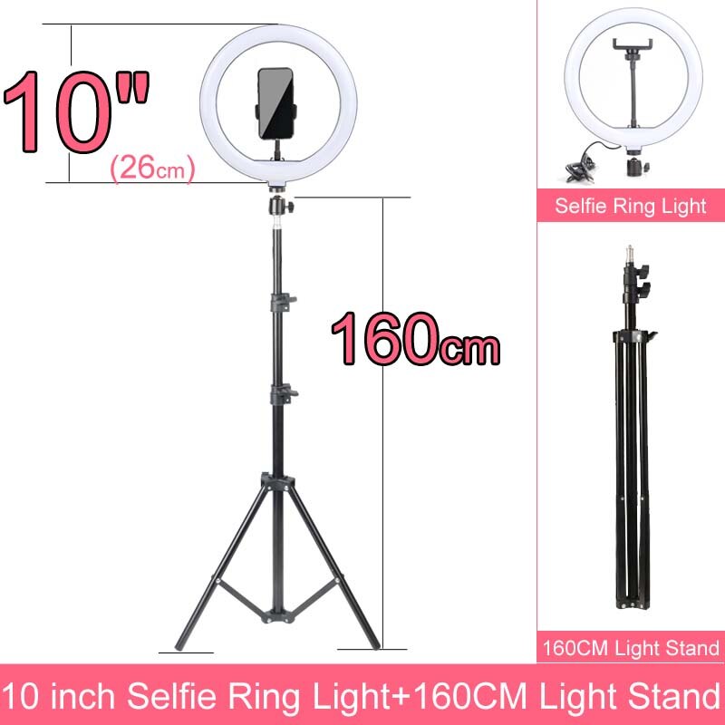 Fotografie Lamp Licht Ring Met Telefoon Houder Selfie Usb Plug Dimbare 6 8 10 12 14 Inch Beschikbaar In verschillende Maten: 10 inch 160cm