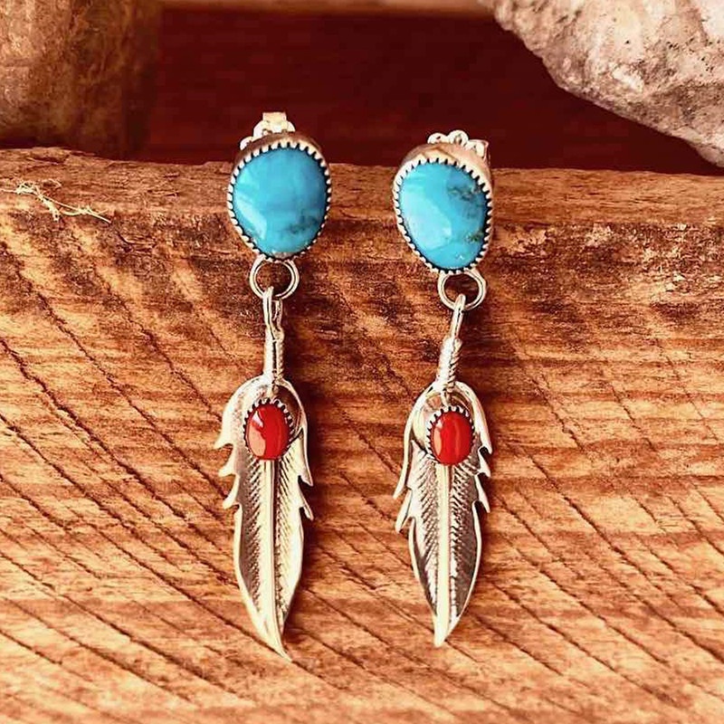 Bohemia Turquoises Earrings Silver Feather Pendant Earrings for Women Female Party Earring Jewelry Accessories: Style-2