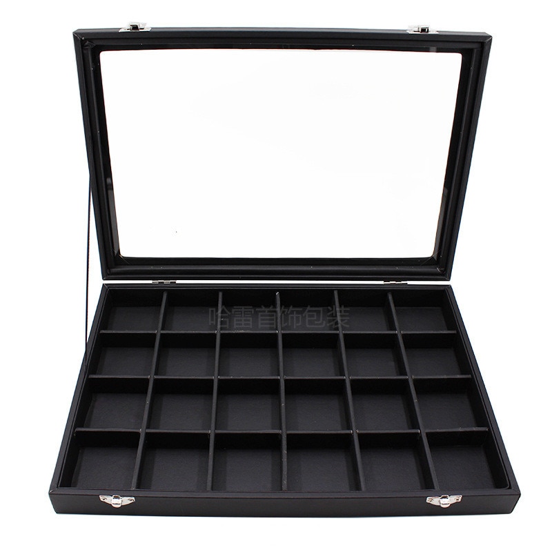 Große PU Schwarz Trage Fall mit Glas Abdeckung Schmuck Ring Display Box Tray Halter Storage Box Organizer Ohrringe Ring Armband bo