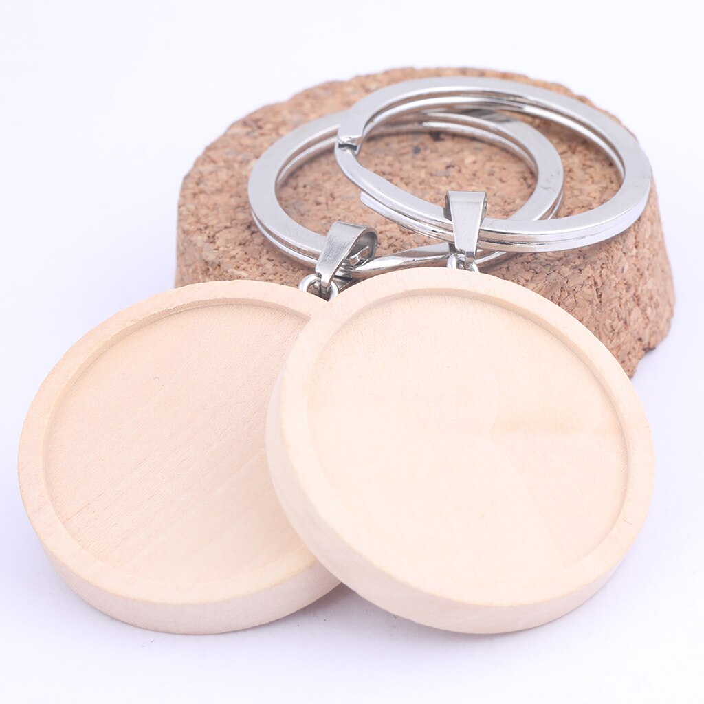 5Pcs Double Side Houten Sleutelhanger Cabochon Base Instellen Blanks 30Mm Dia Hanger Bezel Trays Diy Metalen Sleutelhanger Accessoires