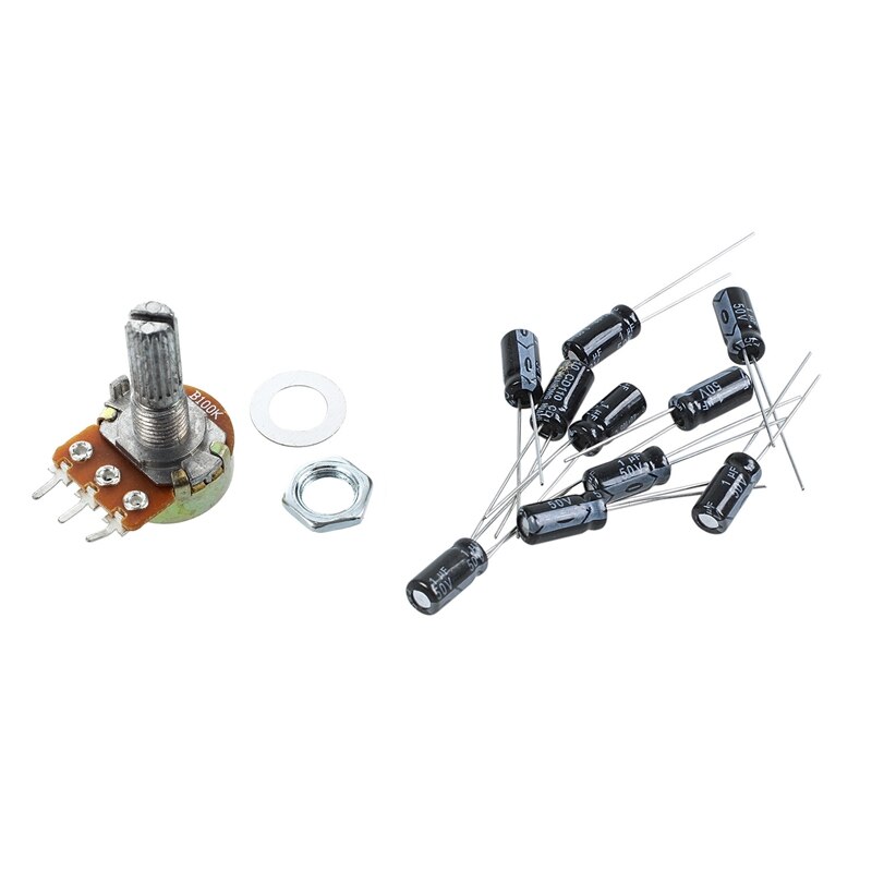 10 pièces 1Uf 50V 105C condensateur électrolytique Radial 5X11Mm & 5 pièces 100K Ohm 3 bornes potentiomètre à arbre rotatif