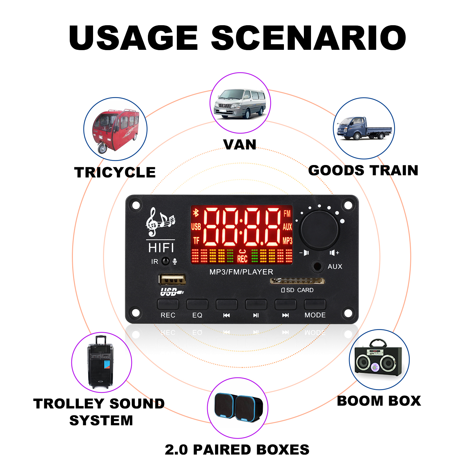 Wzmacniacz 100W Dekoder MP3 Bluetooth5.0 Samochodowy odtwarzacz MP3 Moduł nagrywania USB Radio FM AUX Do głośnika Zestaw głośnomówiący