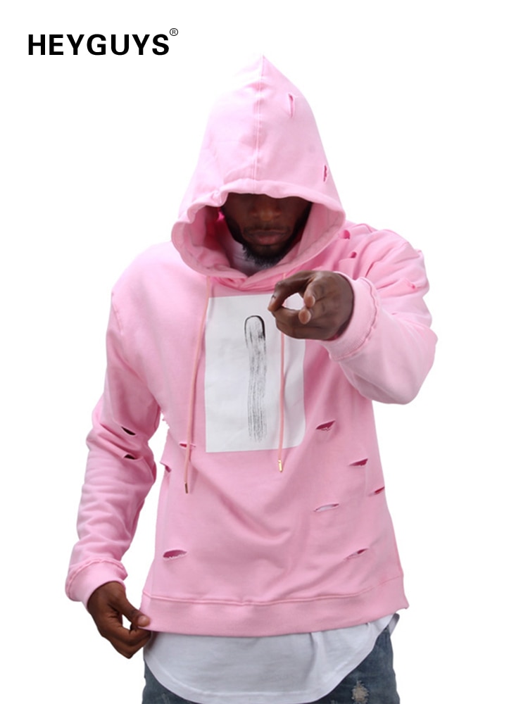 Herre hip hop pink hættetrøjer sweatshirts træningsdragt mænd med hullet hættetrøjer mænd sæt vinter mandlige street wear