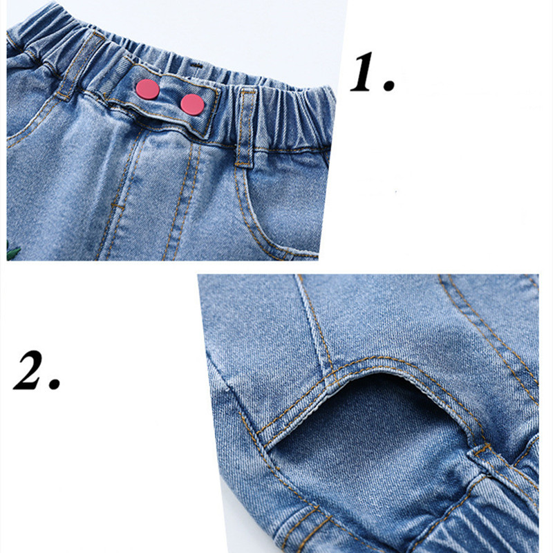 2-7T Baby Girls Spring Jeans Denim Pants Kids Style Embroided Flower Elastic Waist Trousers Baby Outfits Korean Blue Jeans