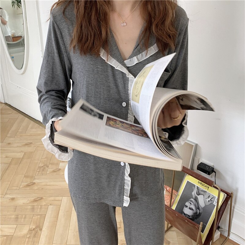 XIFER Pure Cotton Women Pajamas Autumn Style Ruffled Pajamas Long-sleeved Trousers Korean Home Service Two-piece Suit Women