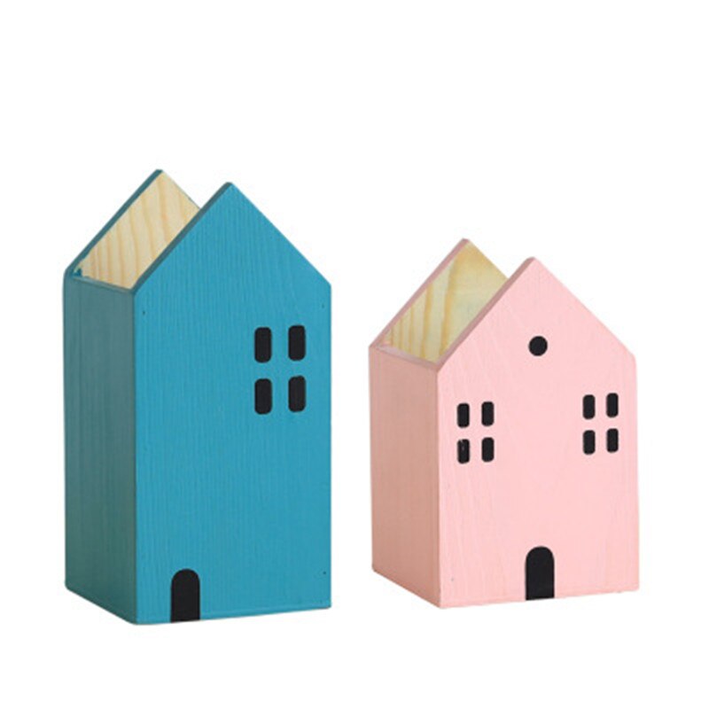 Hus form træ blyant penneholder desktop organizer opbevaringsboks container pensel pot papirvarer skole kontor tilbehør