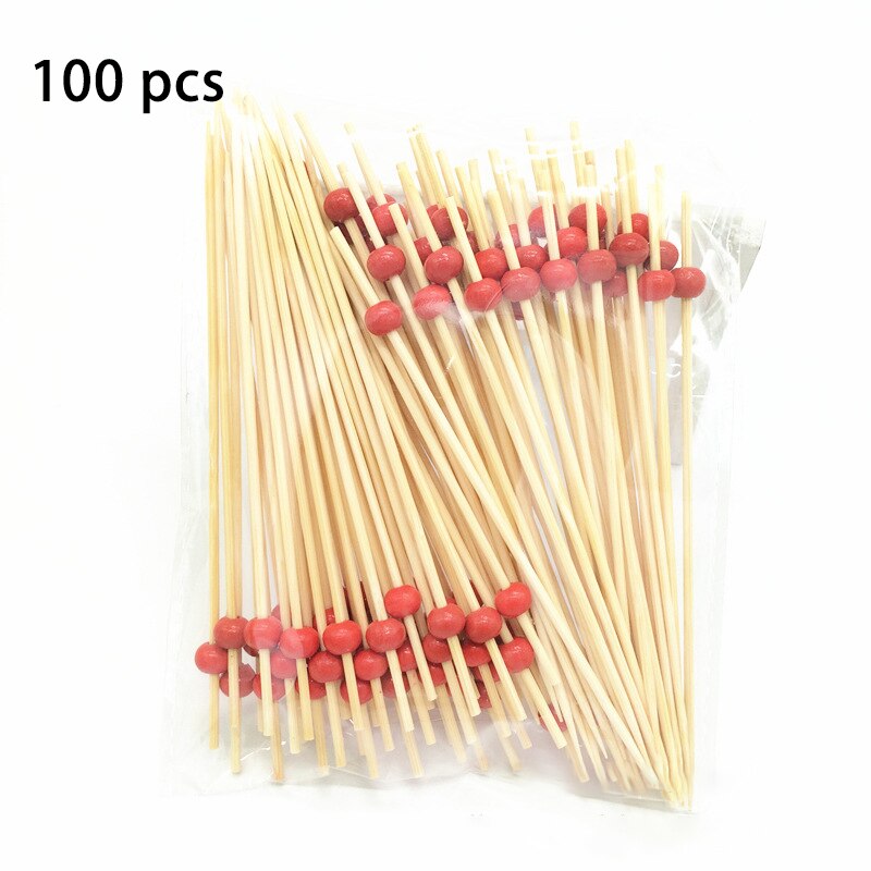 100 Stks/pak Cupcake Fruit Vork Draagbare Bamboe Party Dessert Stok Reizen Accessoires Liefde Patroon Voor Bruiloft Decor Wegwerp: red beads