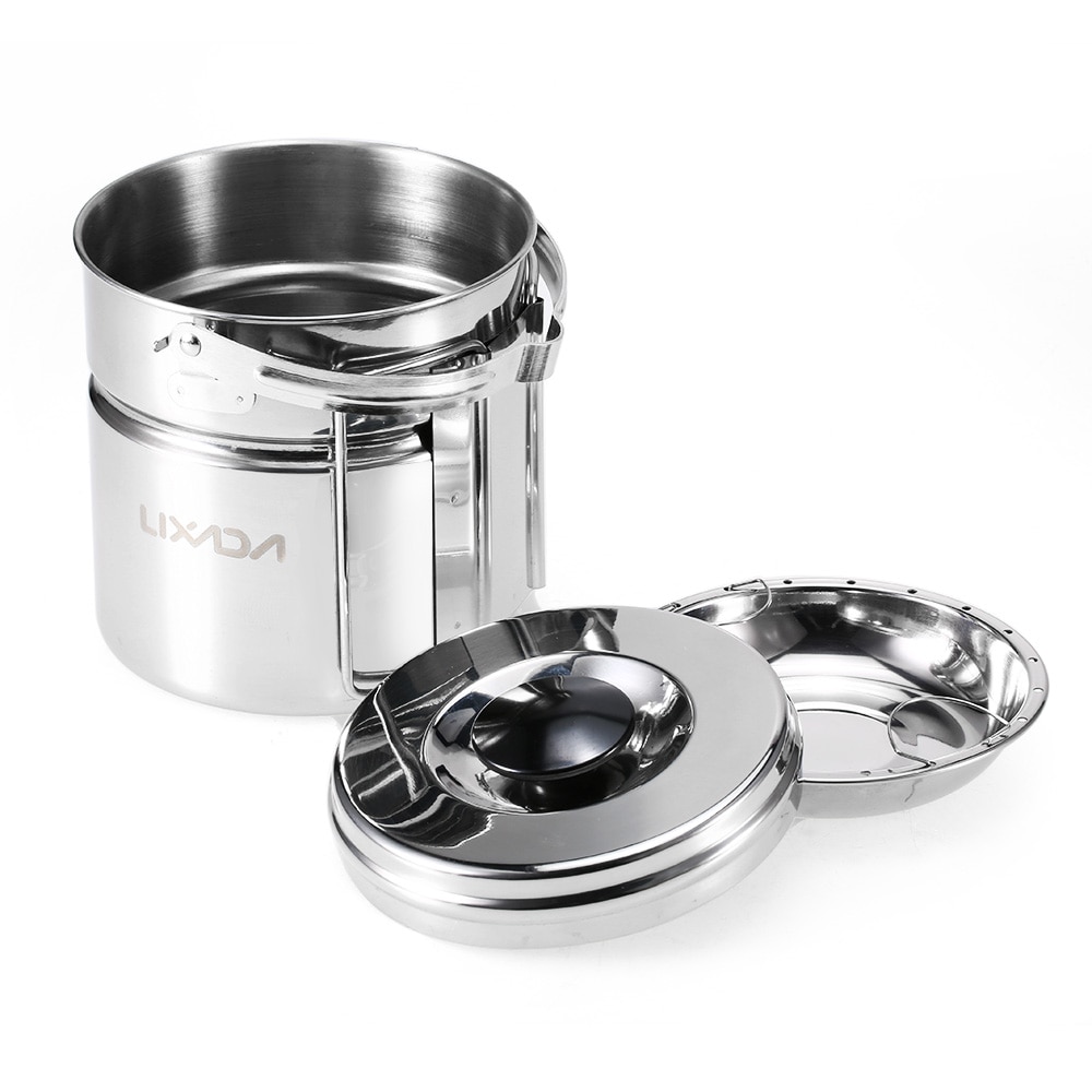 Lixada Outdoor Hiking Camping Cookware Set Stainless Steel Handle Camping Pot Cooking Tableware Picnic Set Pot Dinnerware