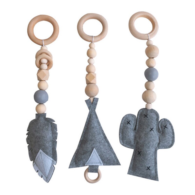 Nordic Baby Gym Spelen Kwekerij Zintuiglijke Ring-Pull Bijtring Speelgoed Baby Rammelaar Speelgoed Voor 0-12 Maanden Houten kralen Hanger Speelgoed Room Decor: 3pcs-WT136A