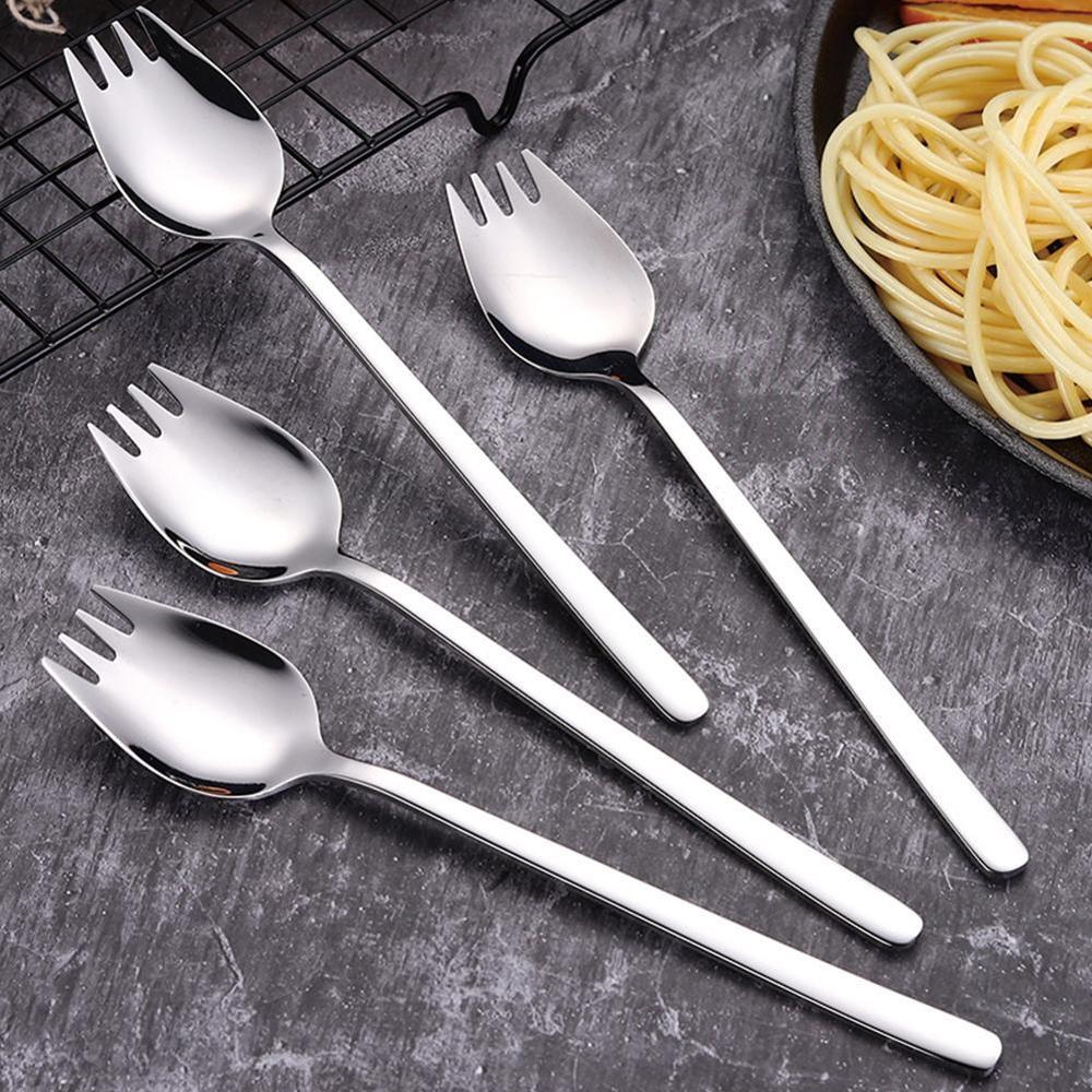 Cuchara tenedor con mango largo para ensalada, cuchara reutilizable de acero inoxidable para Picnic, vajilla deportiva, cucharas doradas de acero para el aire libre, postre W7J0