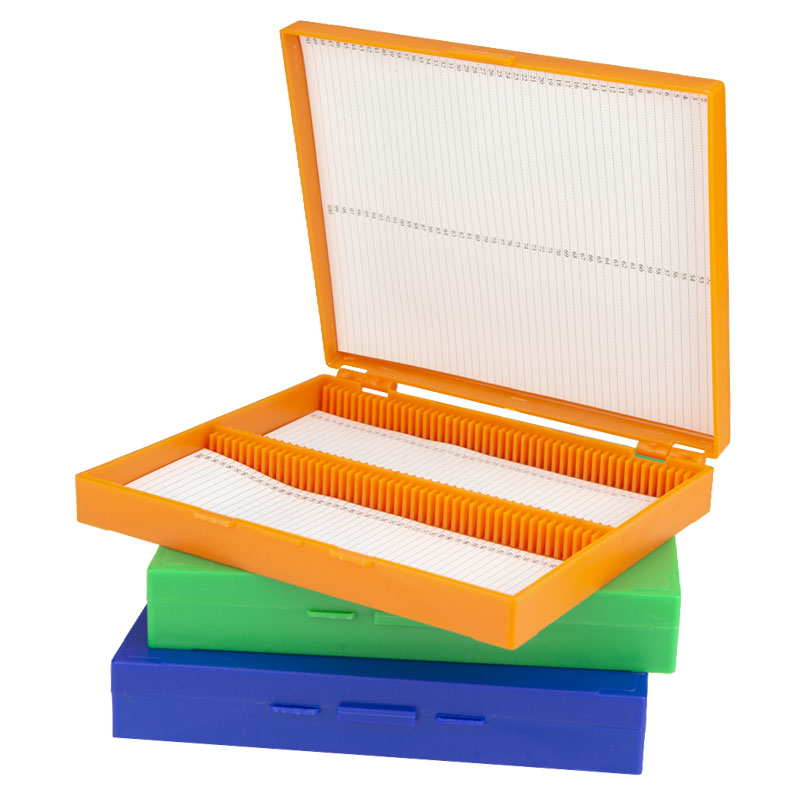 Caja de portaobjetos de plástico para microscopio, estuche de almacenamiento de portaobjetos patológicos, 100 Uds.