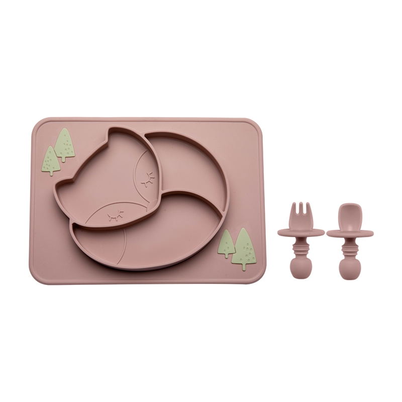 Juego de vajilla de alimentación para bebé, plato de comedor de zorro, cuchara de silicona, tenedor, impermeable, sin BPA, tazón de silicona de grado alimenticio, 3 unids/set: brown set