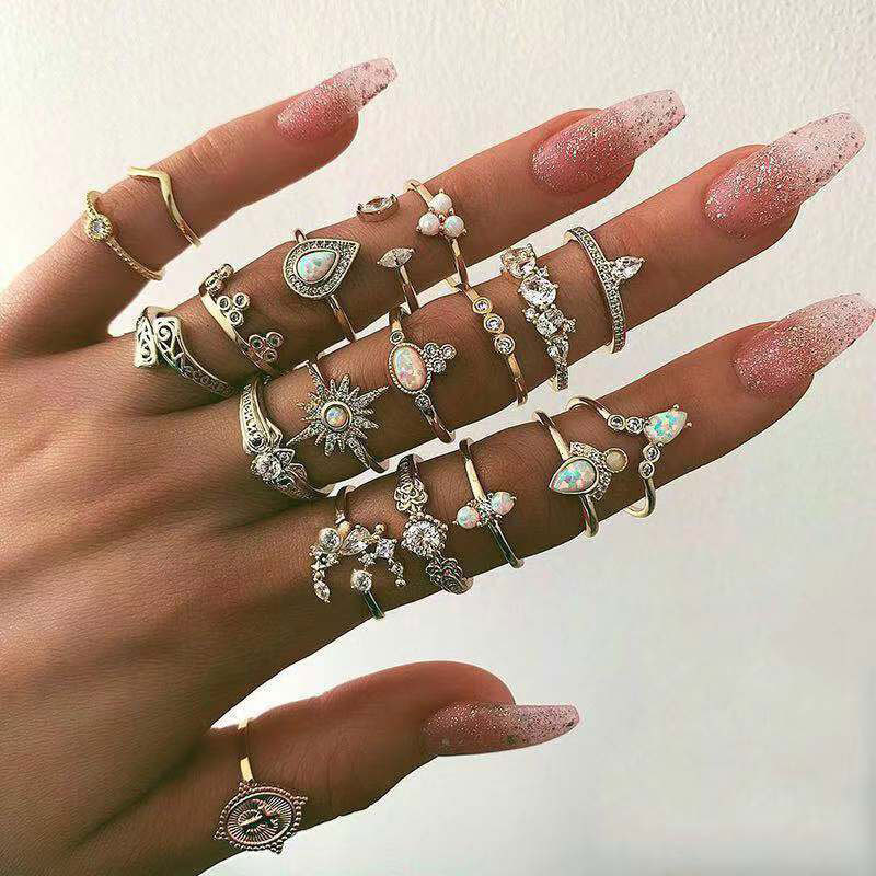 16 Style Bohemian Retro Crystal Flower Hollow Letter Gem Silver Ring Set Women Wedding Anniversary Jewelry Accessories