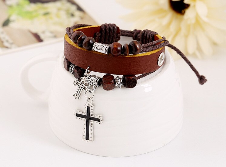 4 Layers Charm Bracelet for Women Men Leather Rope String Beads Jesus Christ Cross Jewelry 17cm Adjustable Handmade: light brown