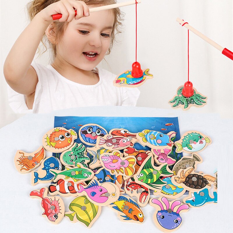 15/31Stck Holz Magnetischen Fshing Digitale Spielzeug Brettspiel Kindergarten Intelligenz Karikatur Magnet Fisch Stange Spielzeug für freundlicher