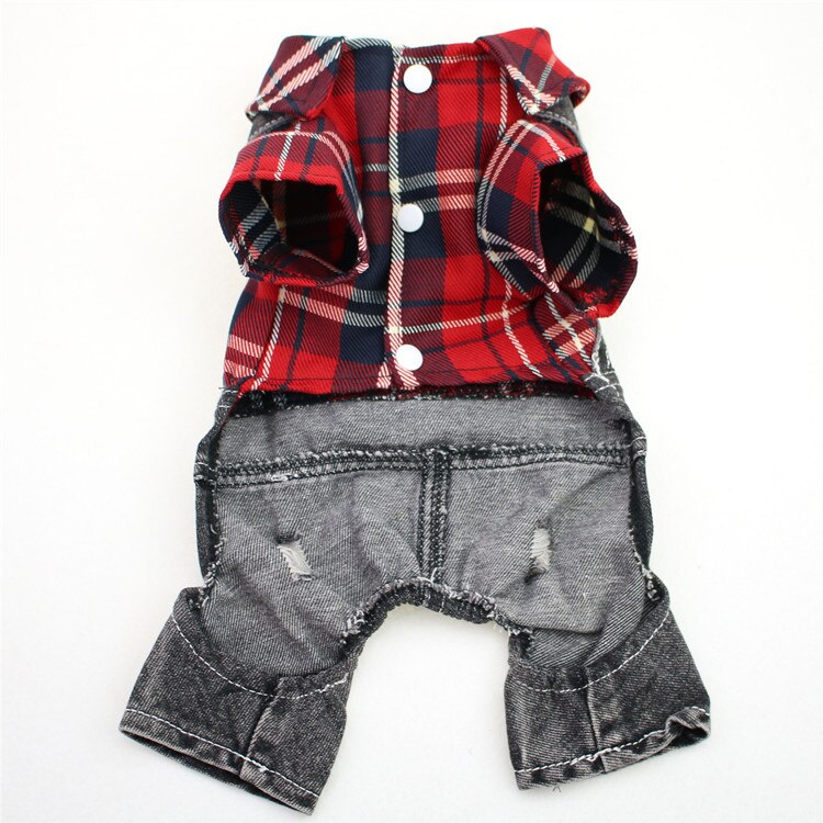 Kæledyrstøj bamse bichon hund firbenet stort plaid denim jumpsuit forår og efterår vintertøj