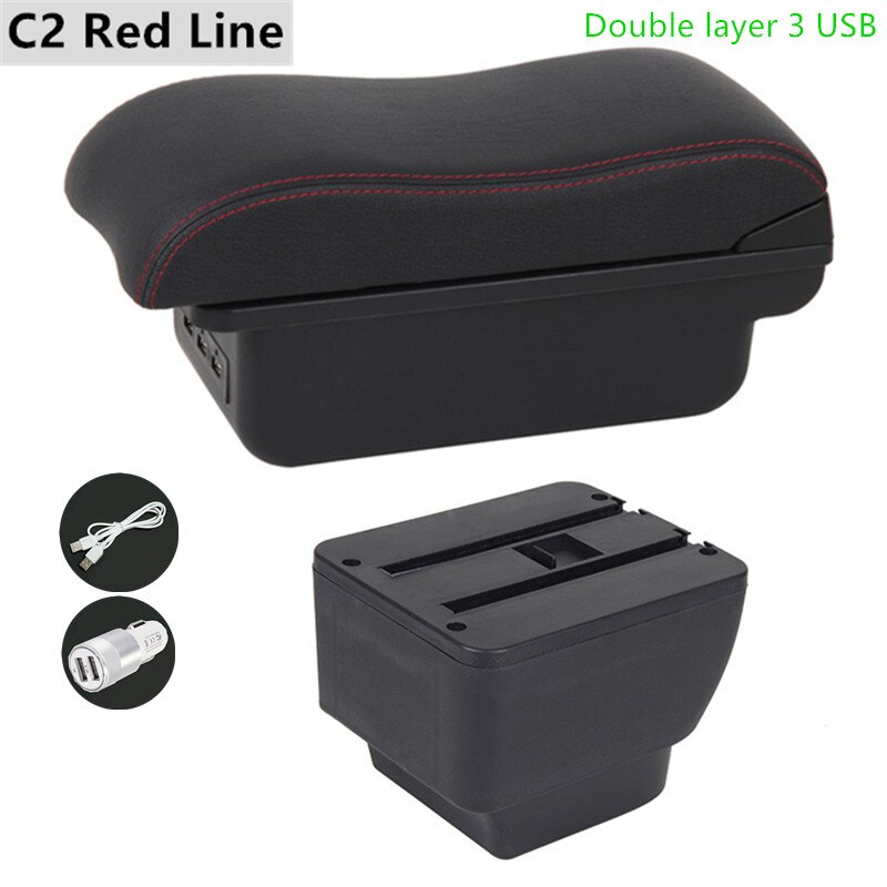 Armrest Box for Mazda 2 Leather Arm Rest Center Console Storage USB Car Accessory: C2 Red Line