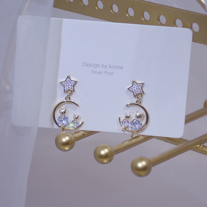 Cute Little Cat Shine Diamond Women Earring Bling AAA Zircon 14K Real Gold Stud Earring Daily Anniversary Star Jewelry Pendant