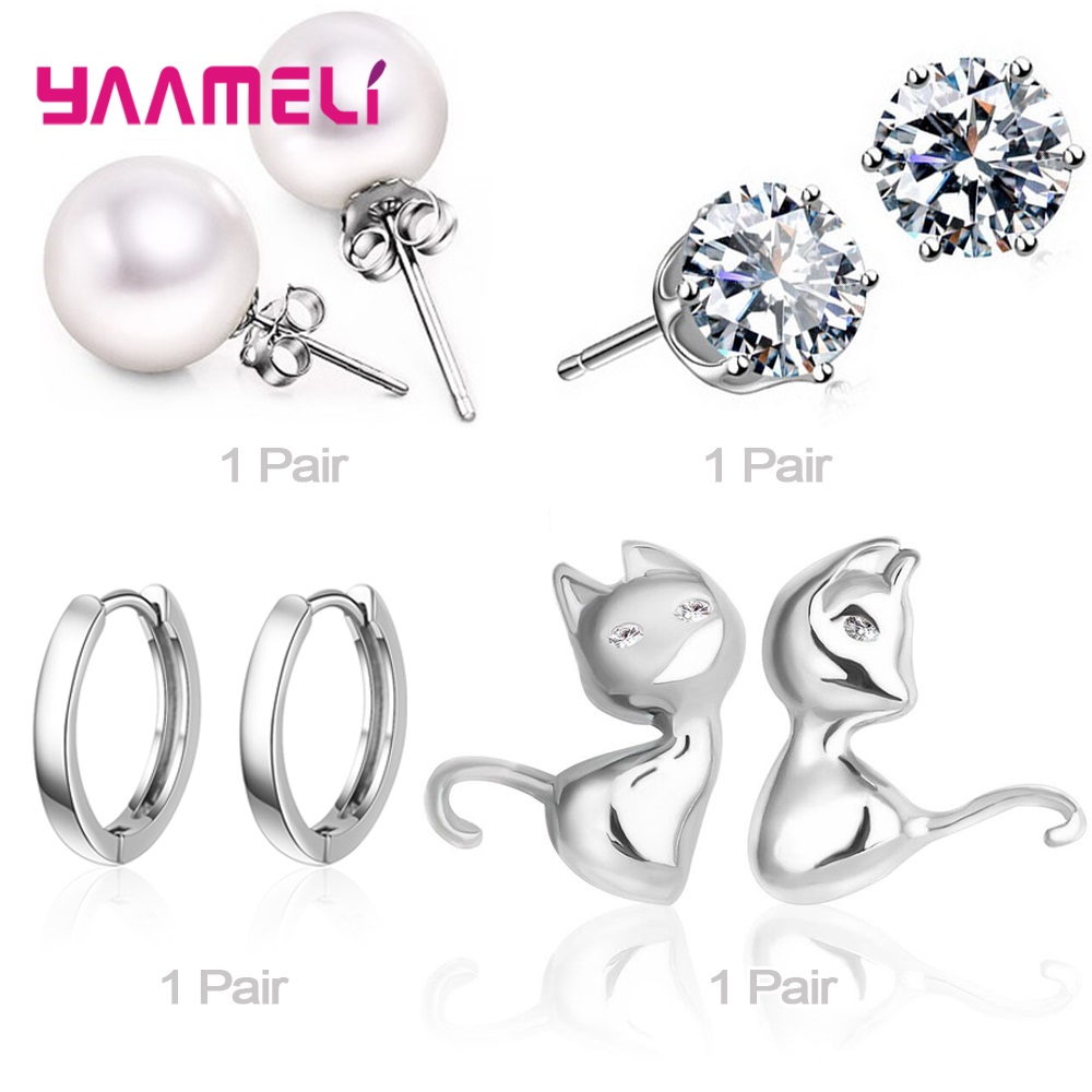 Trendy Vrouwen Oorbellen Echt 925 Sterling Zilver Natuurlijke Kristal Parel Party Accessoires 4 Paar Gemengde Sieraden