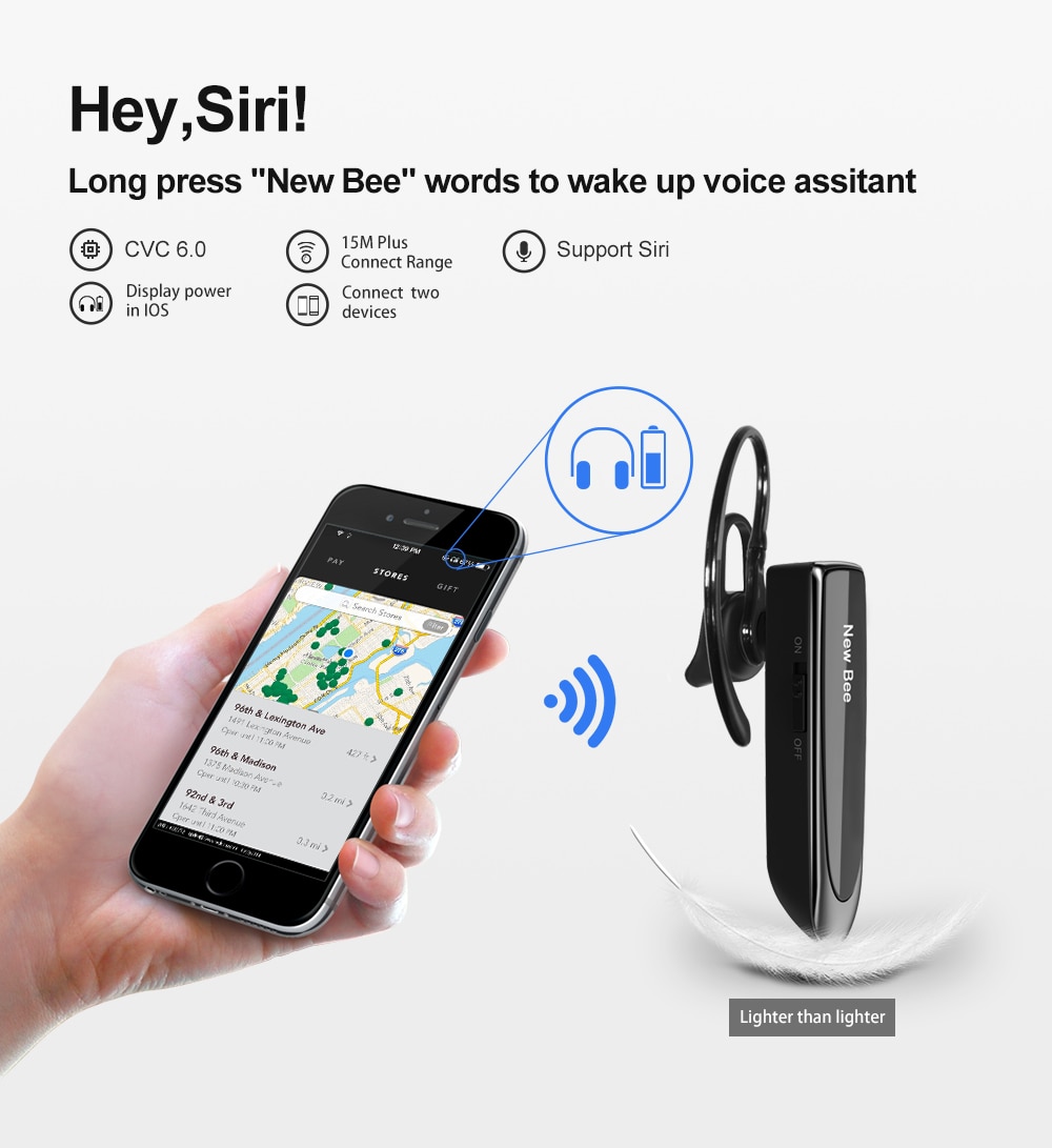 Bee-auriculares inalámbricos con Bluetooth V5.0, cascos manos libres con micrófono CVC 6,0 para música, para negocios y conducción, 22H