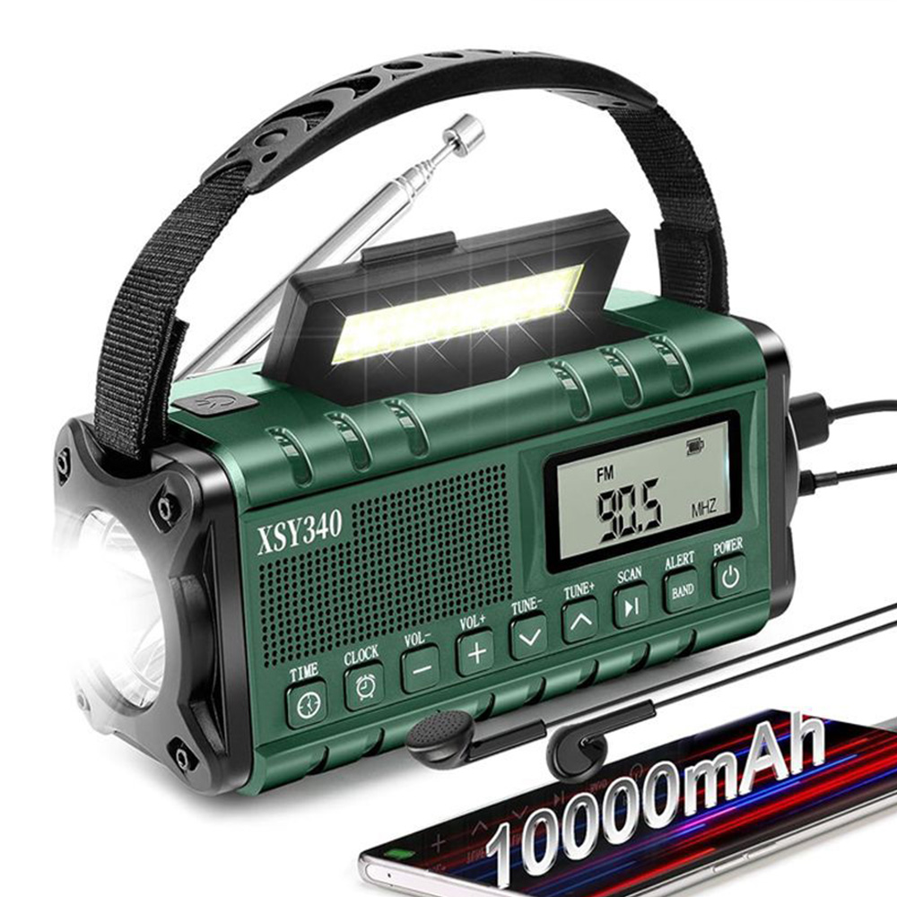10000mAh Emergency Radio Solar Hand Crank Dynamo Radio AM/FM/NOAA Radio LED Flashlight SOS Alarm Power Bank: green