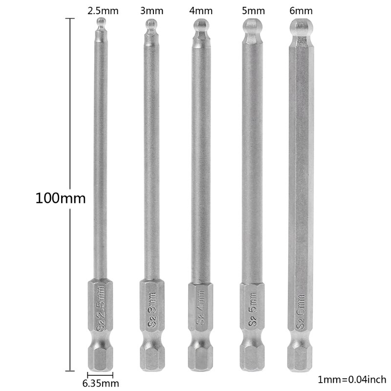 5 Pcs 1/4" Hex Shank 100mm Magnetic Ball End Hexagon Screwdriver Bits Drill Set