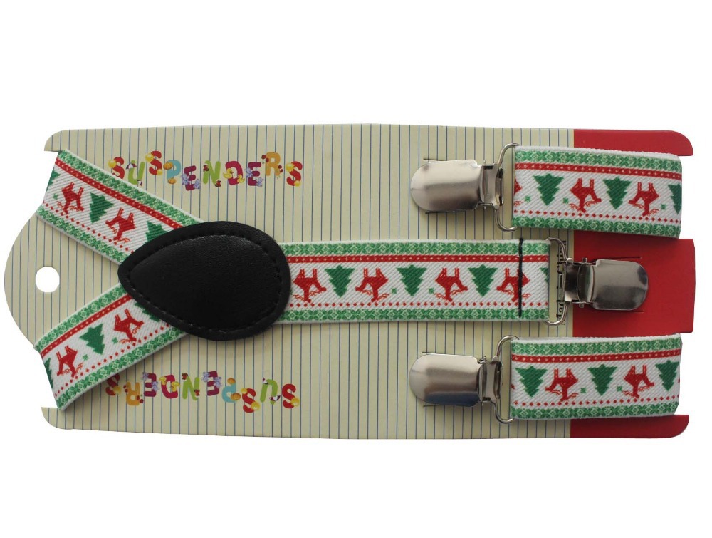 Kids Adjustable Clip On Y Back White Christmas Tree Deer Print Suspenders Braces