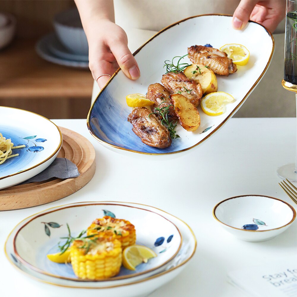 Home Gold Edge Blueberry Ceramic Tableware Heatable Oven Plate Soup Bowl Food Plate For Bread Noodles Salad Bakeware