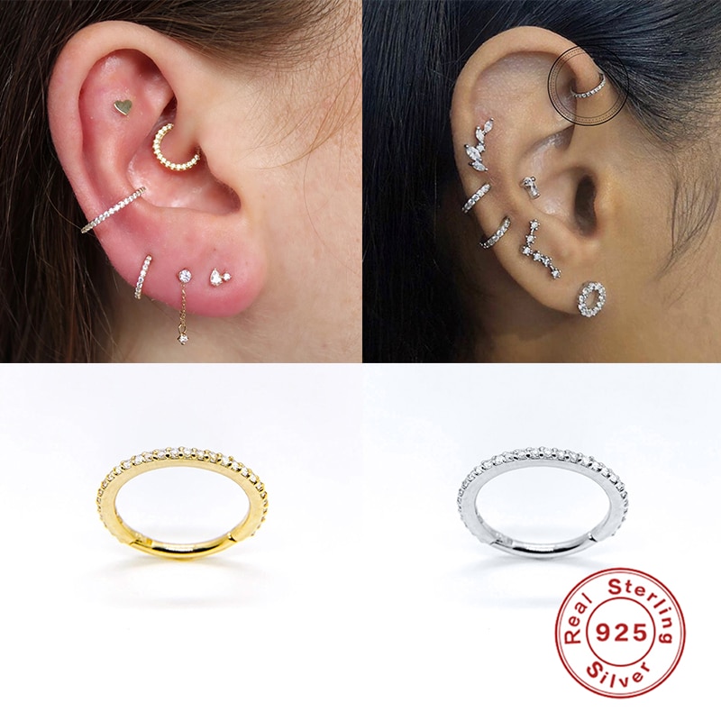 ROXI-Pendientes de aro redondos geométricos para mujer, aretes de cristal de circón blanco de 6/8mm, joyería de plata de ley 925 para cartílago