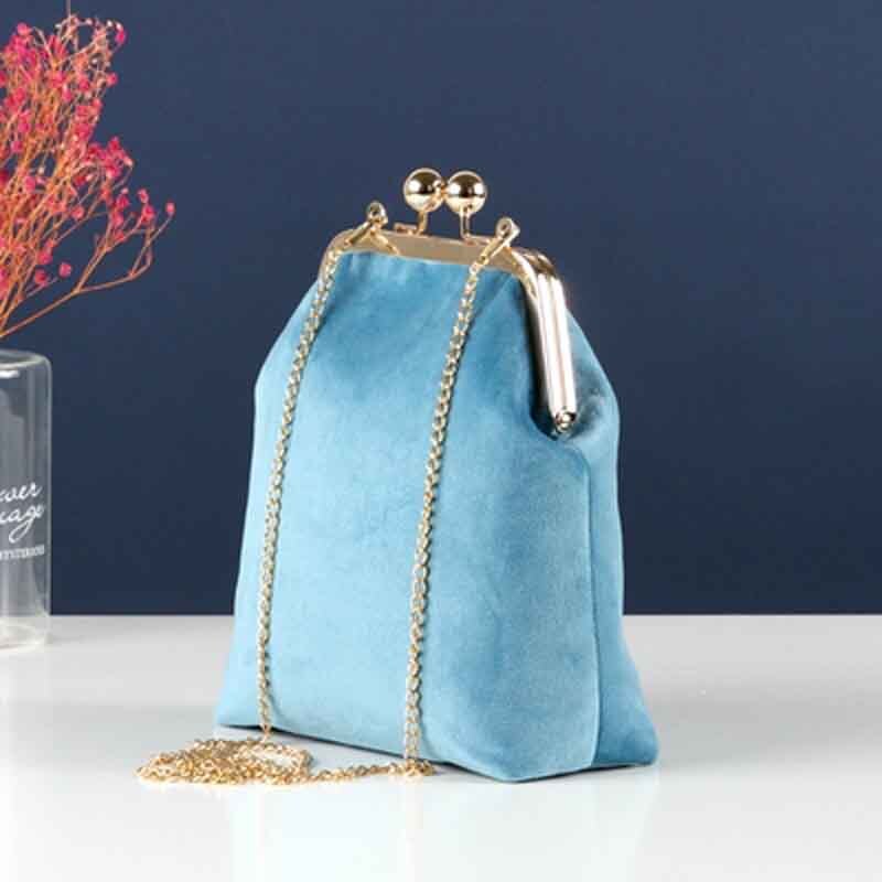 shinning velvet luxury women DIY shoulder bag kiss buckle metal frame 17x19x7cm: Sky Blue / material bag