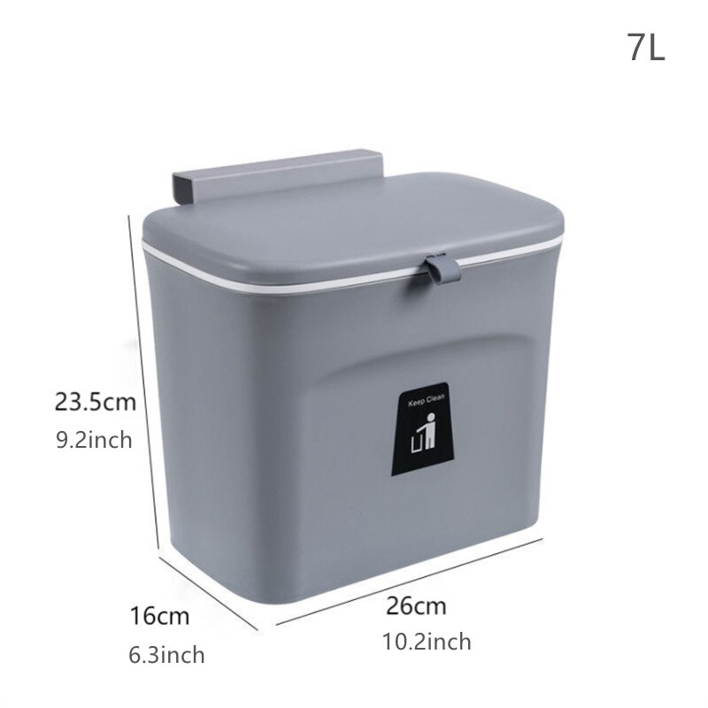 Wall Mounted Trash Can Bin With Lid Waste Bin Kitchen Cabinet Door Hanging Trash Bin Garbage Bin Dustbin Rubbish Waste Container: 7L With Lid Gray
