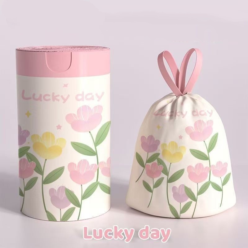 50 stuks grote, dikke vuilniszakken met trekkoord en lavendelgeur - gemaakt van hoogwaardig polyethyleen, multifunctionele wegwerpzakken, geschikt voor keuken, badkamer, slaapkamer, woonkamer en toilet - met roze en gele bloemenprint en de tekst "happy day".