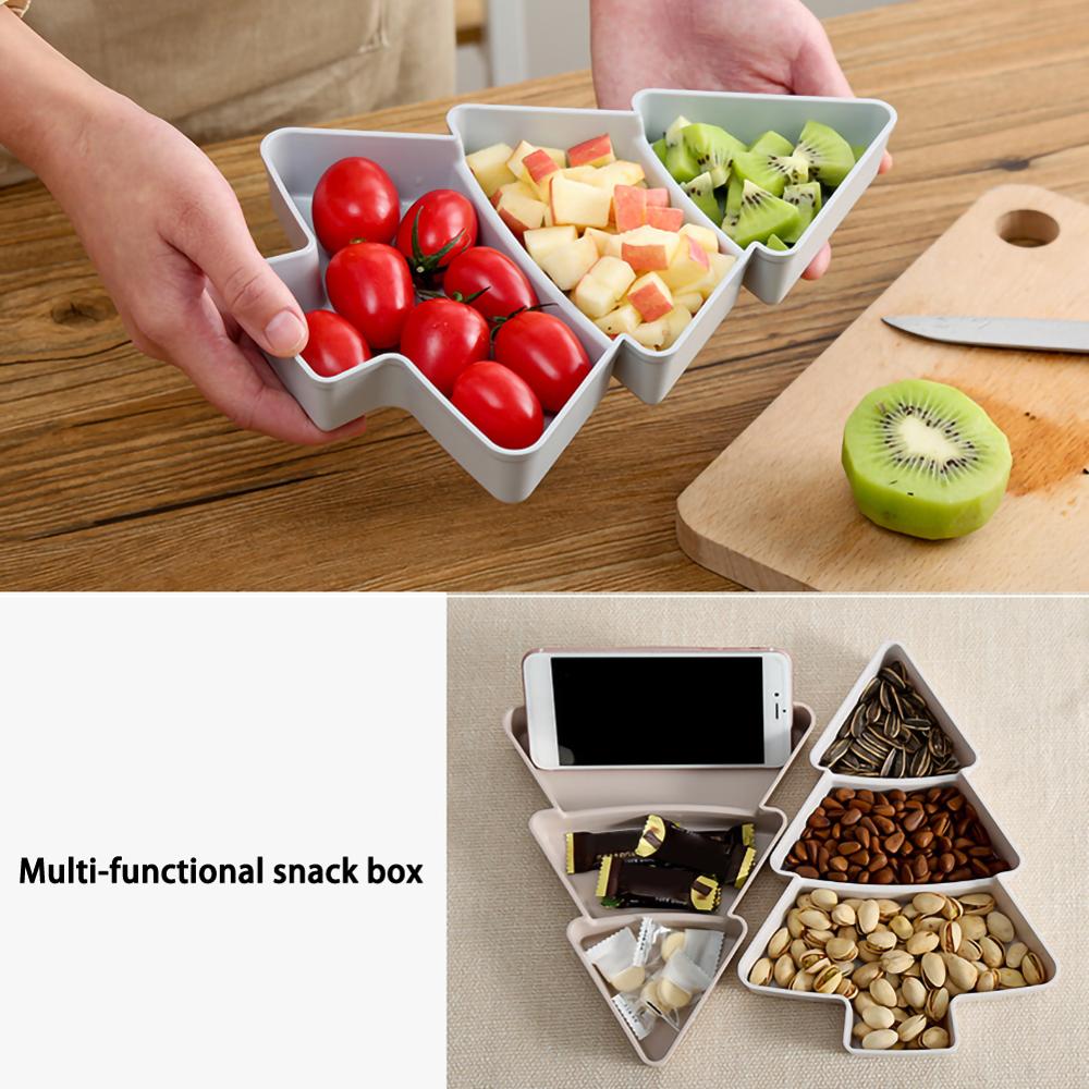 Kerstboom doos snoep snacks noten zaden gedroogd fruit plastic borden schalen kom ontbijt dienblad thuis keuken snoepdoos