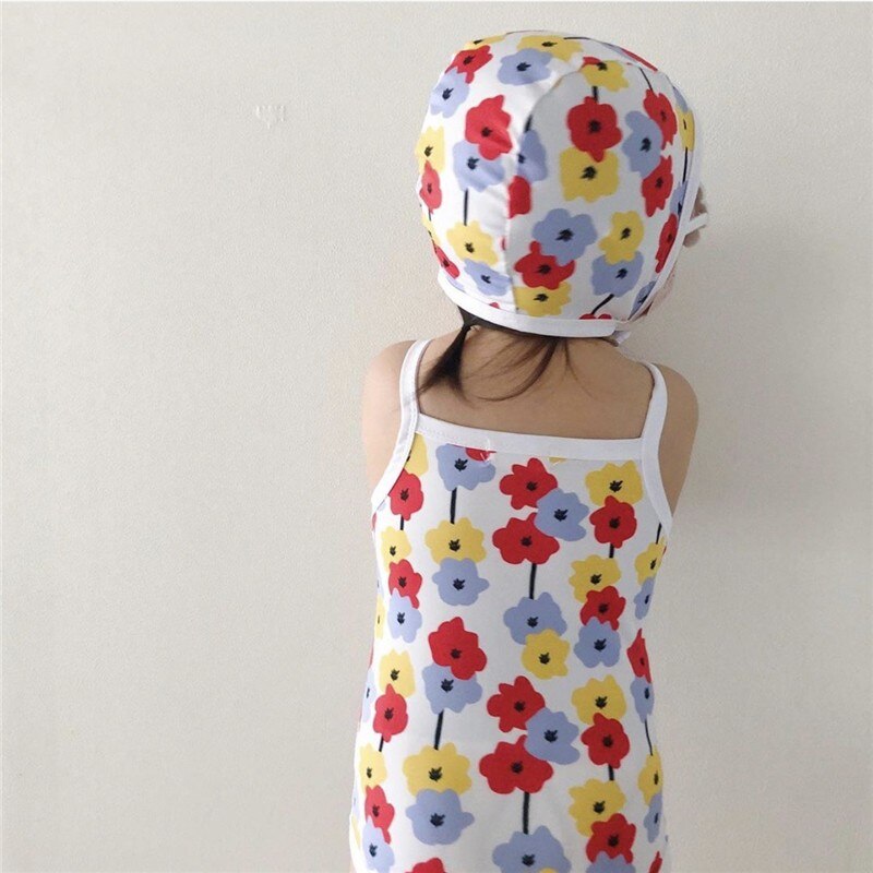 Newborn Infant Baby Boy And Girl Sleeveless Sling Swimsuit Toddler Kid Cotton Flower Pattern Printed With Swimming Caps