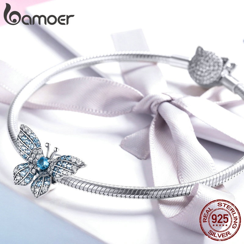 Bamoer 100% 925 Sterling Zilver Crystal Blue Zircon Vlinder Kralen Fit Charm Armbanden Vrouwen Kettingen Zilveren Sieraden BSC061