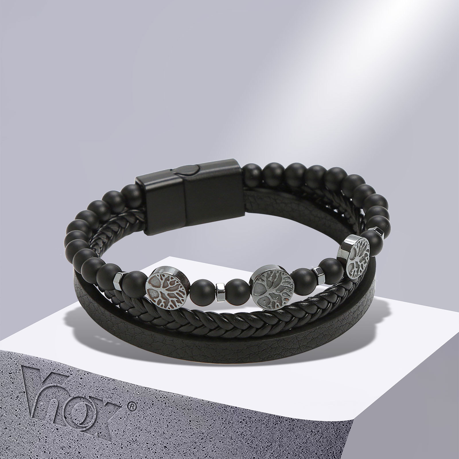 Vnox Retro Tree Of Life Armbanden Voor Mannen Vader Vader Bff, Zwart Gevlochten Leren Touwketting Multi-Lagen Polsband Cadeau Sieraden