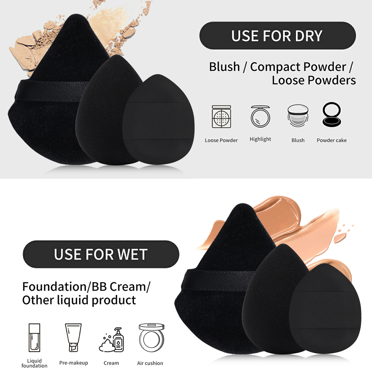 MAANGE 1pz Pennello per fondotinta con 9pz Soffio per trucco Contorno arrossire Pennello per trucco Triangolo Soffio per cipria Spugna morbida per dita