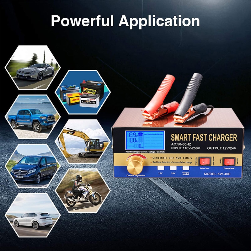 AGM Start-stop Car Battery Charger, 400W Intelligent Pulse Repair Lead acid Battery Charger 12V 24V Truck Motorcycle Charger