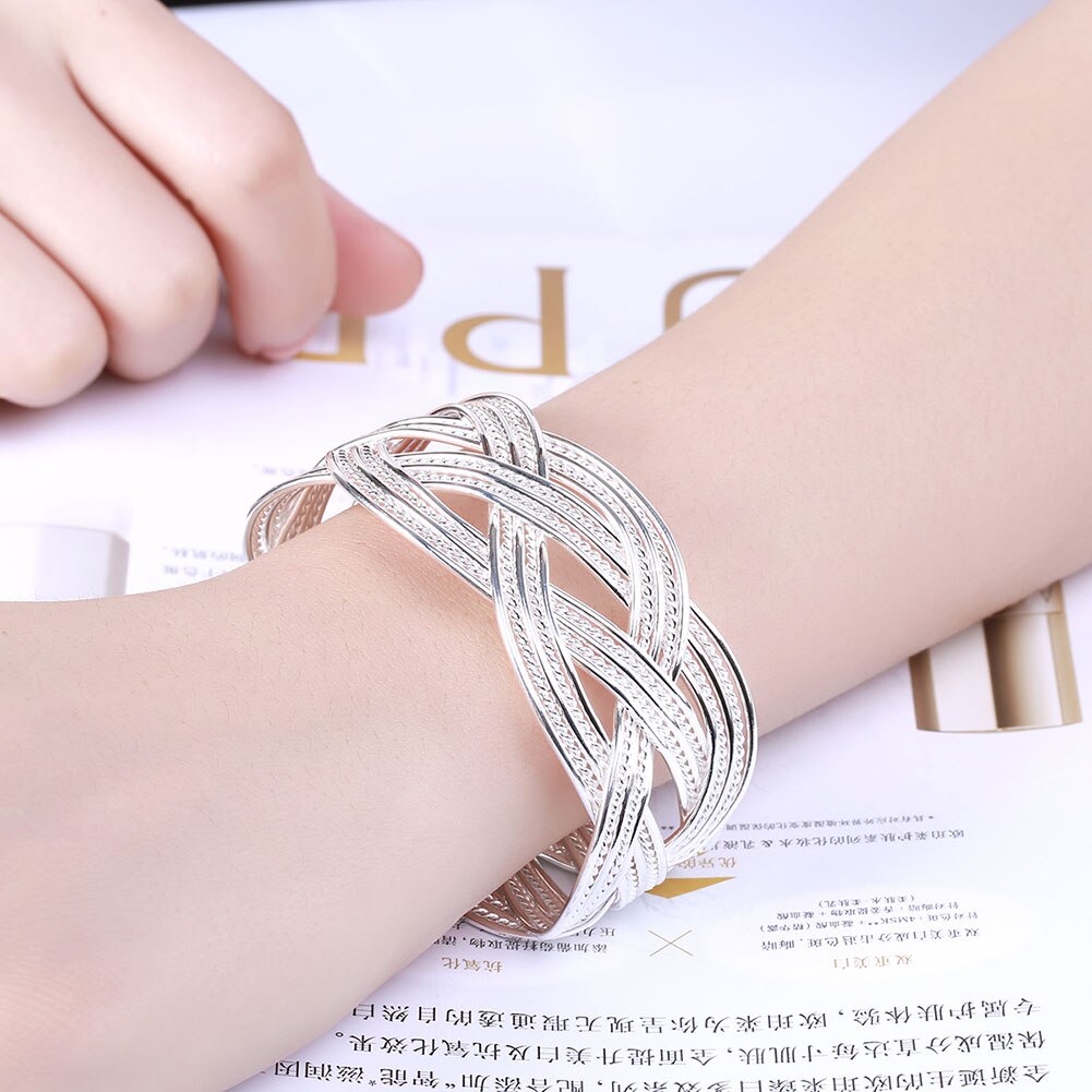 925 Sterling Zilveren Ringen Armbanden Sieraden Set Fijne Brede Weave Bangle Verstelbare Size Etnische Stijl Party