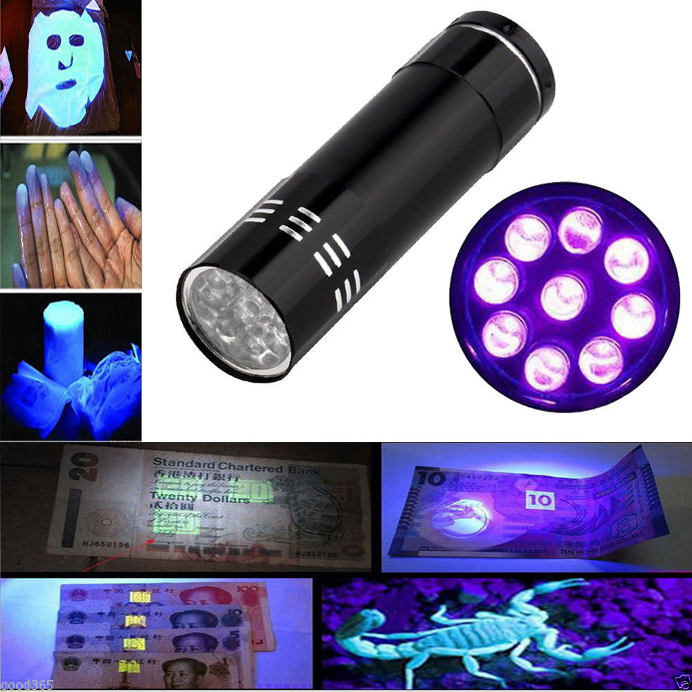 Mini Aluminium UV Ultra Violet 9 LED Zaklamp Blacklight AAA Torch Light Lamp Zwart 84*24mm